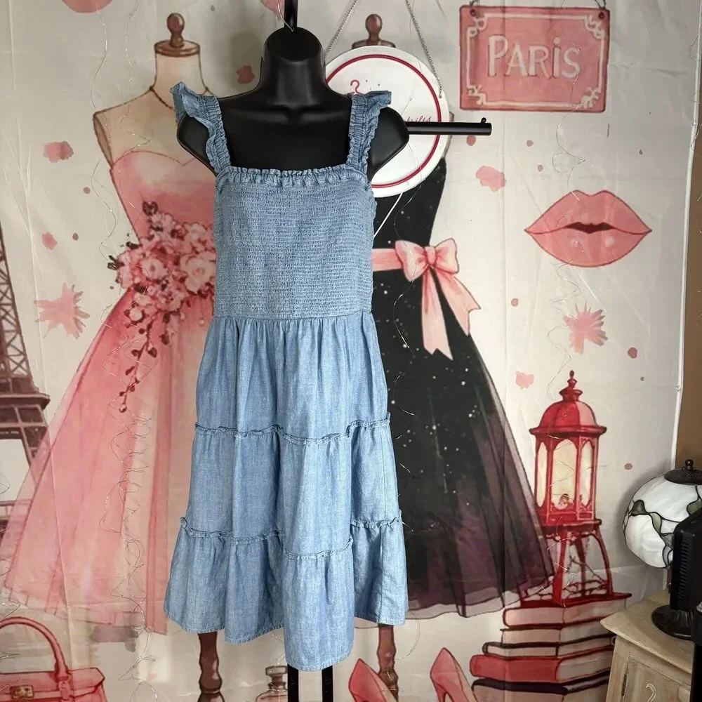 J. Crew Chambray Smocked Tiered Cotton Sun Dress Sz S